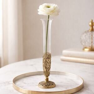 Vintage Brass Filigree Bud Vase with Glass Insert, Hollywood Regency Decor